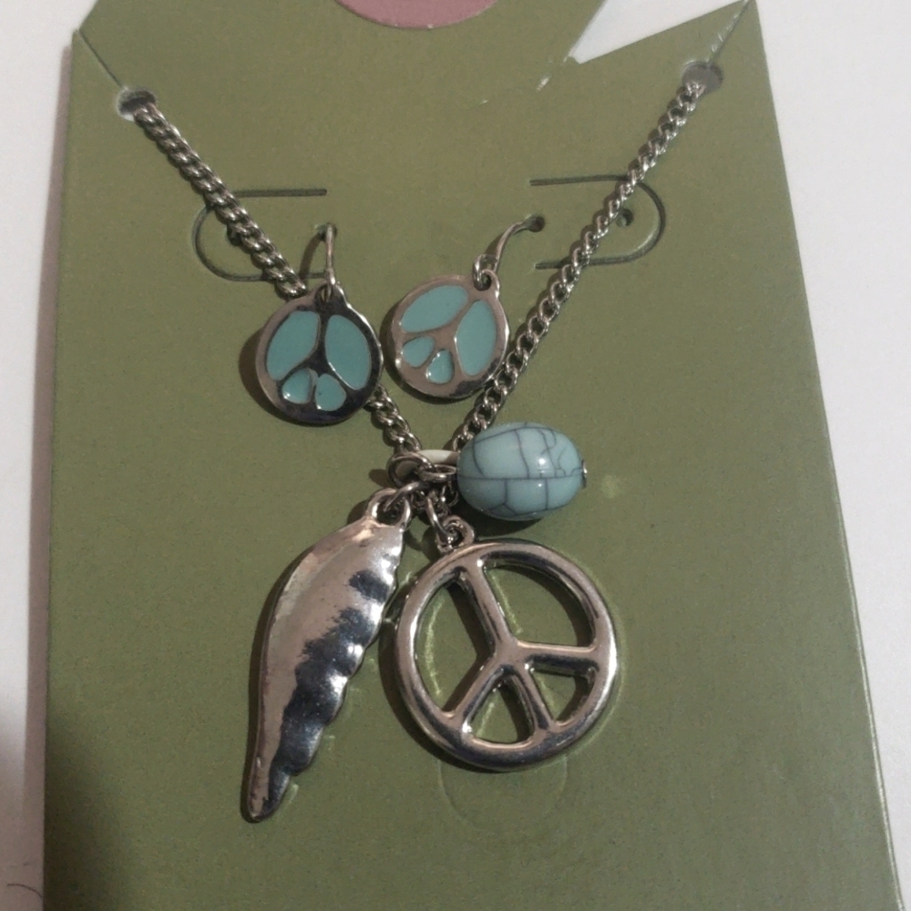 Boho Silver Peace Charm Necklace & Turquoise Accent Earrings – Artisan Jewelry - Picture 2 of 8